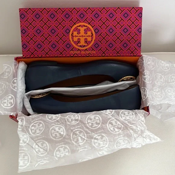 Tory Burch Benton 2 Ballet Flat Nappa Leather Royal Navy Rolled Brass 7.5 NWT - Picture 13 of 14